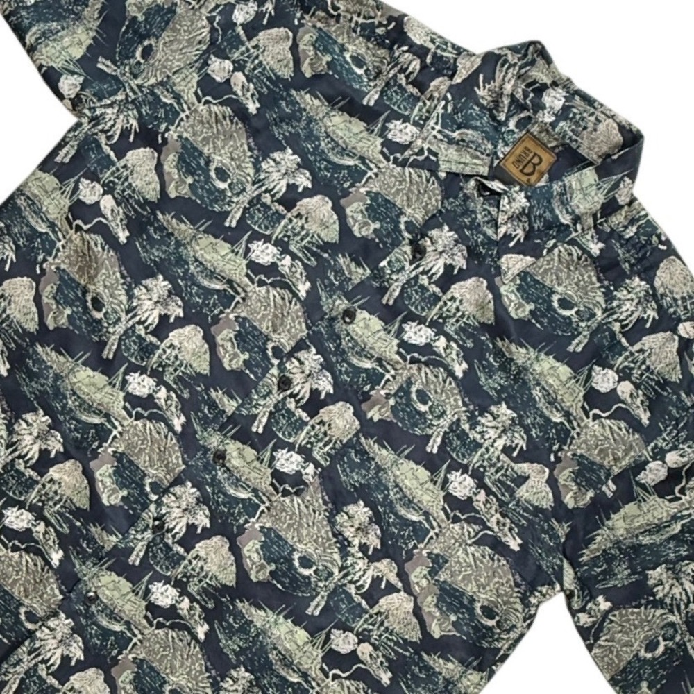 Bruno B Mens 100% Silk Tropical Island Print Button Down Shirt Navy Green Large
